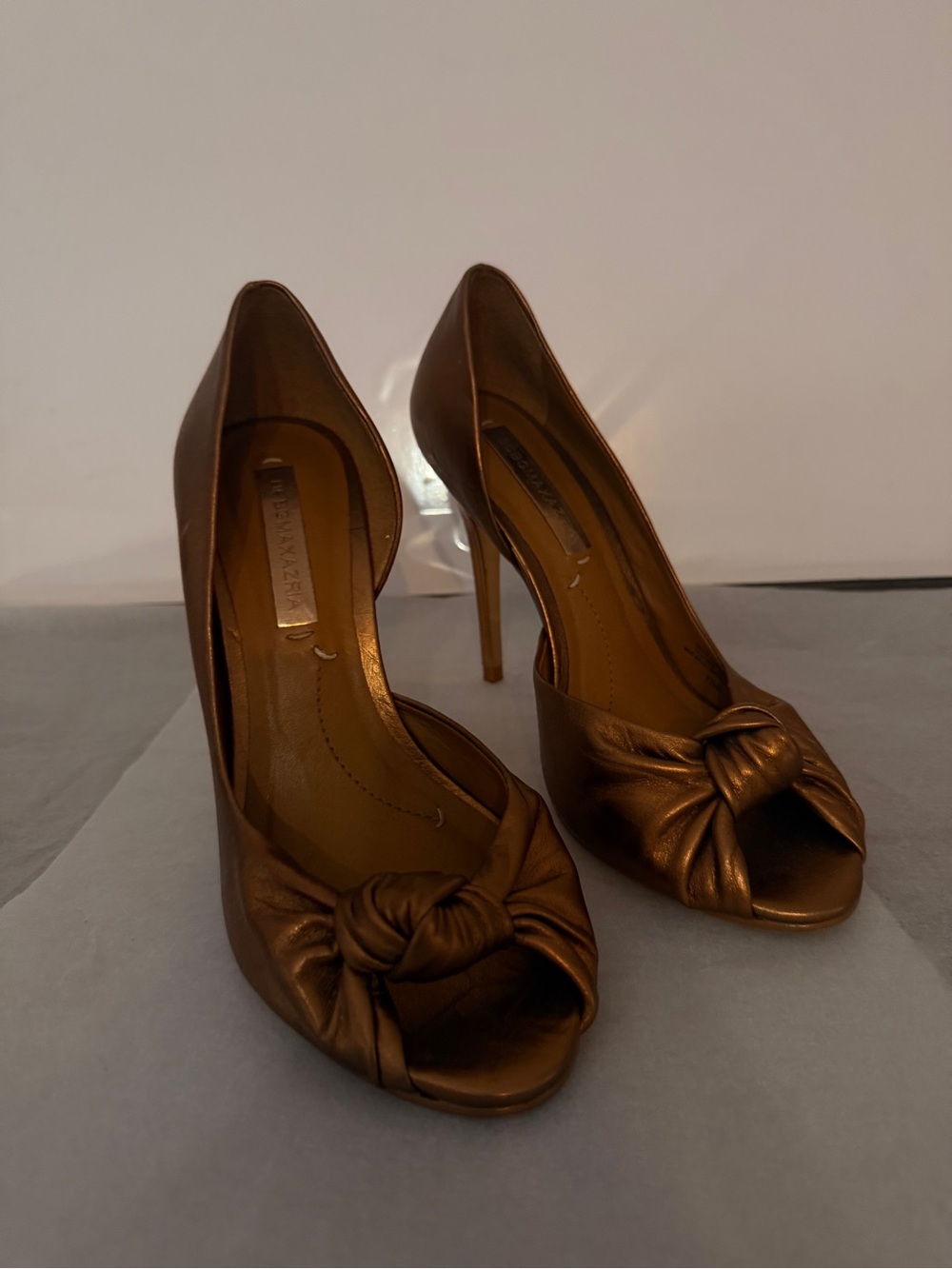 BCBGMaxAzria Bronze Peep-Toe Knot Stiletto Pumps